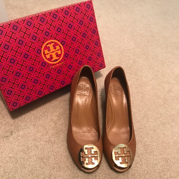 Tory Burch Shoes - Brown and gold Tory burch peep toe wedge